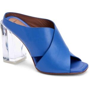 BCBGMAXAZRIA LUXURY LLIA LEATHER OCEAN BLUE WITH TRANSLUCENT BLOCK HEELS SIZE 9B